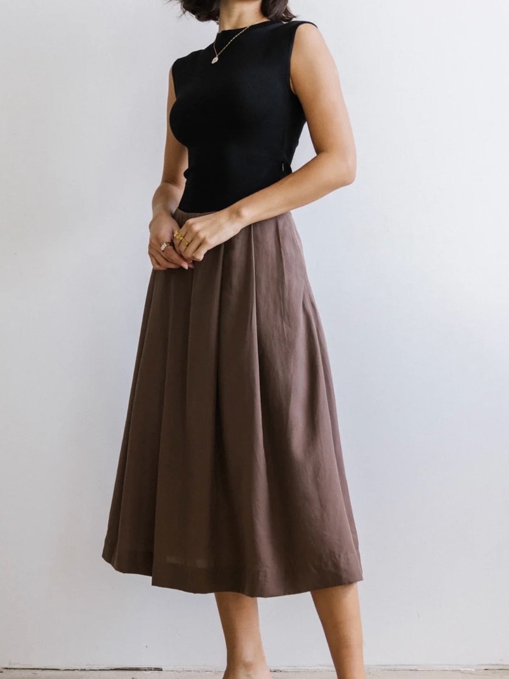 bohme Black Sleeveless Top with Brown Midi Skirt